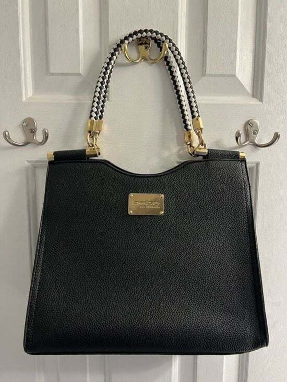 bebe Black Handbag with Black and White Braided Handles & Gold Hardware